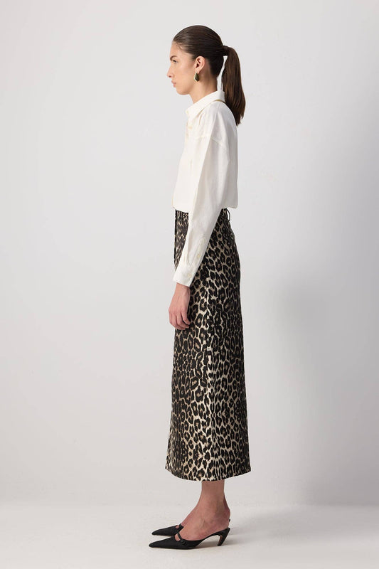 Gonna midi in gabardine con stampa leopardata