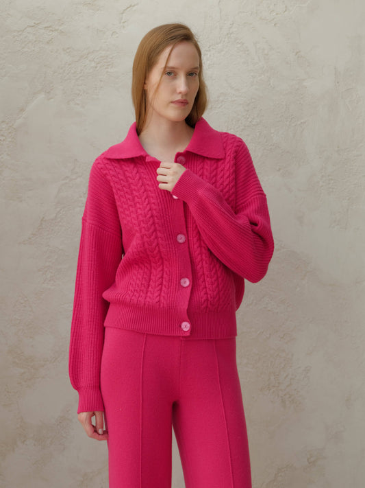 Cardigan polo in misto cashmere con trecce