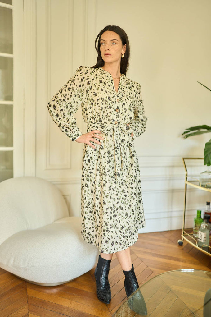 Abito midi in cotone con stampa animalier e cintura