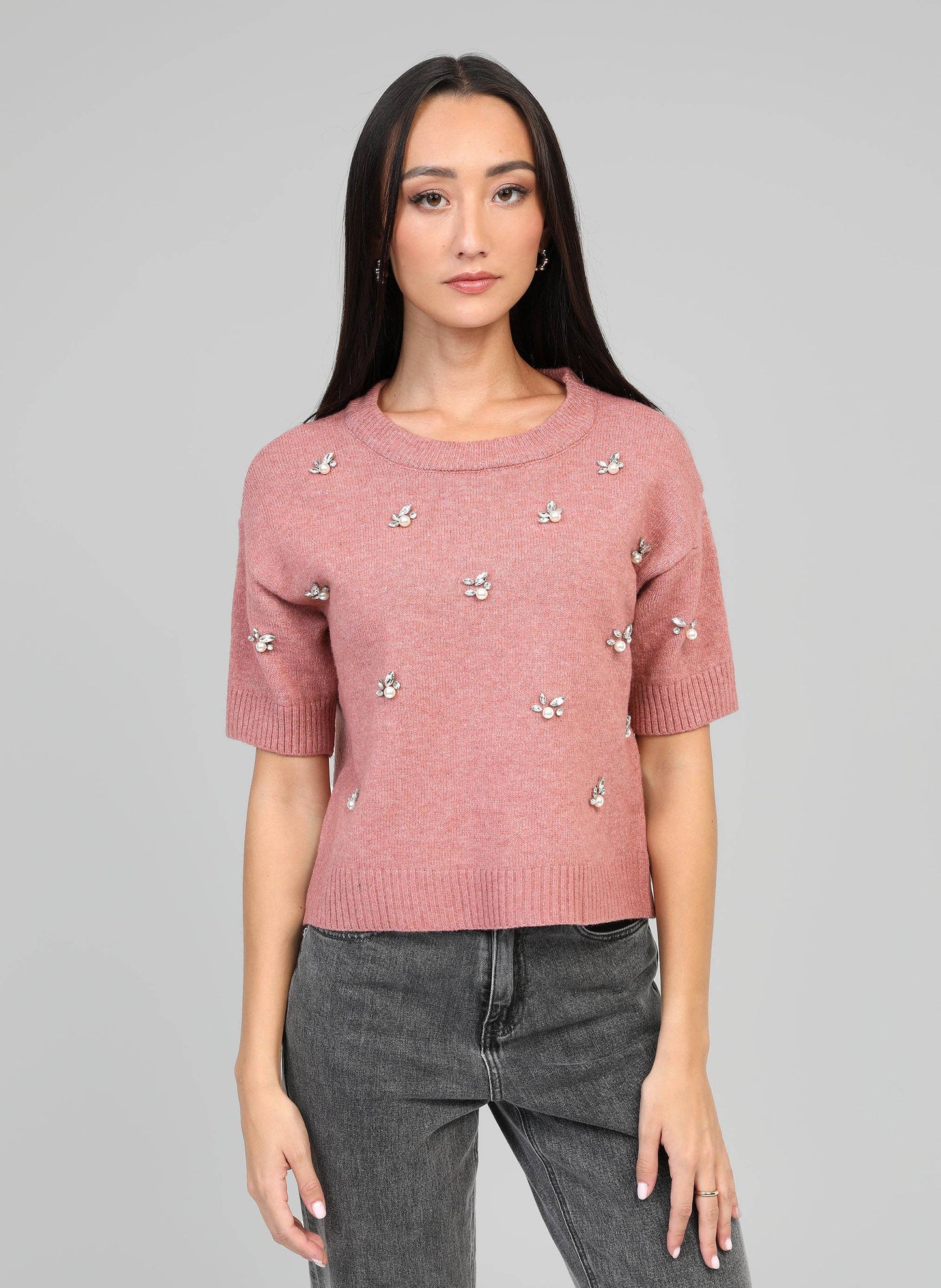 Maglione rosa Nelida con strass e perle