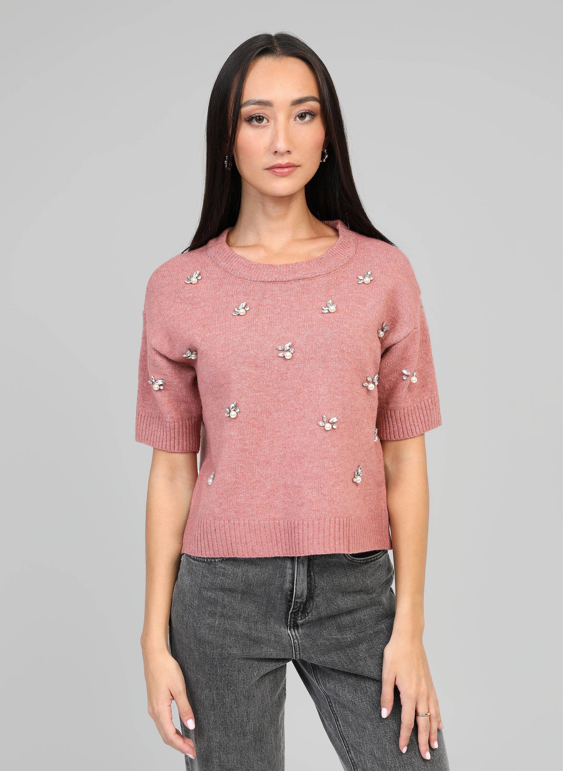 Maglione rosa Nelida con strass e perle