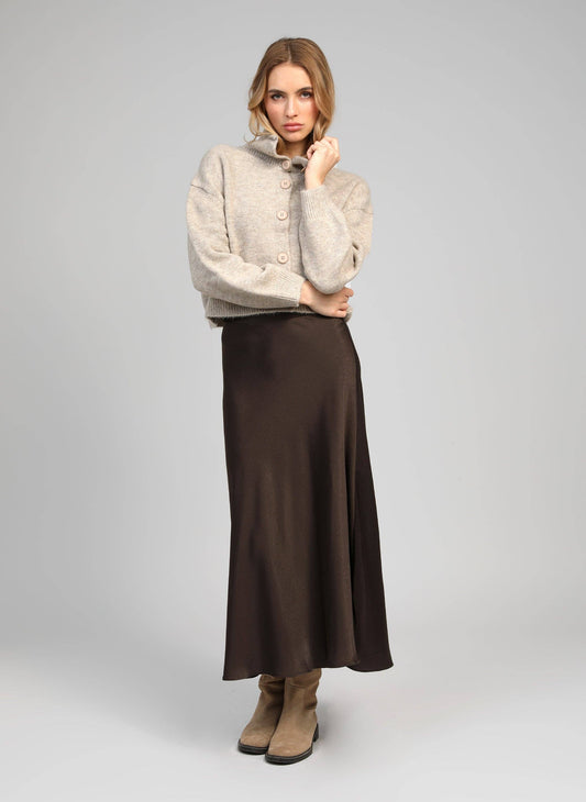 Gilet in maglia color talpa con collo alto e bottoni