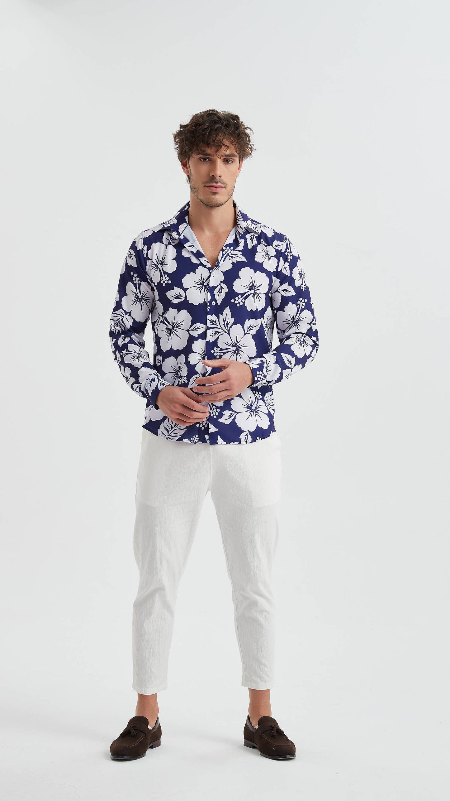 Camicia stretch a fantasia floreale blu