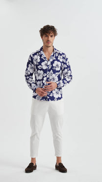 Camicia stretch a fantasia floreale blu