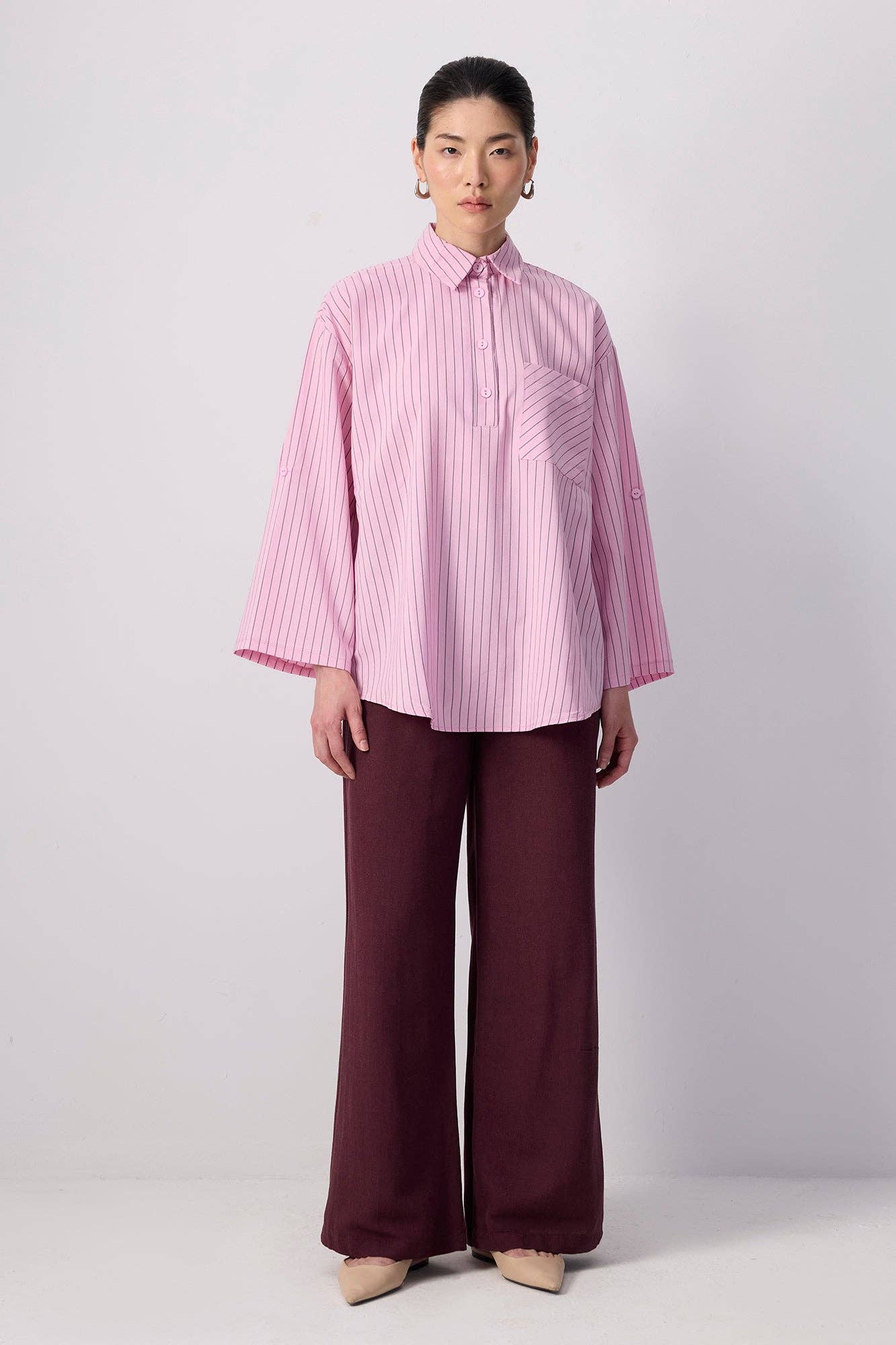 Camicia popover relaxed a righe rosa con tasca