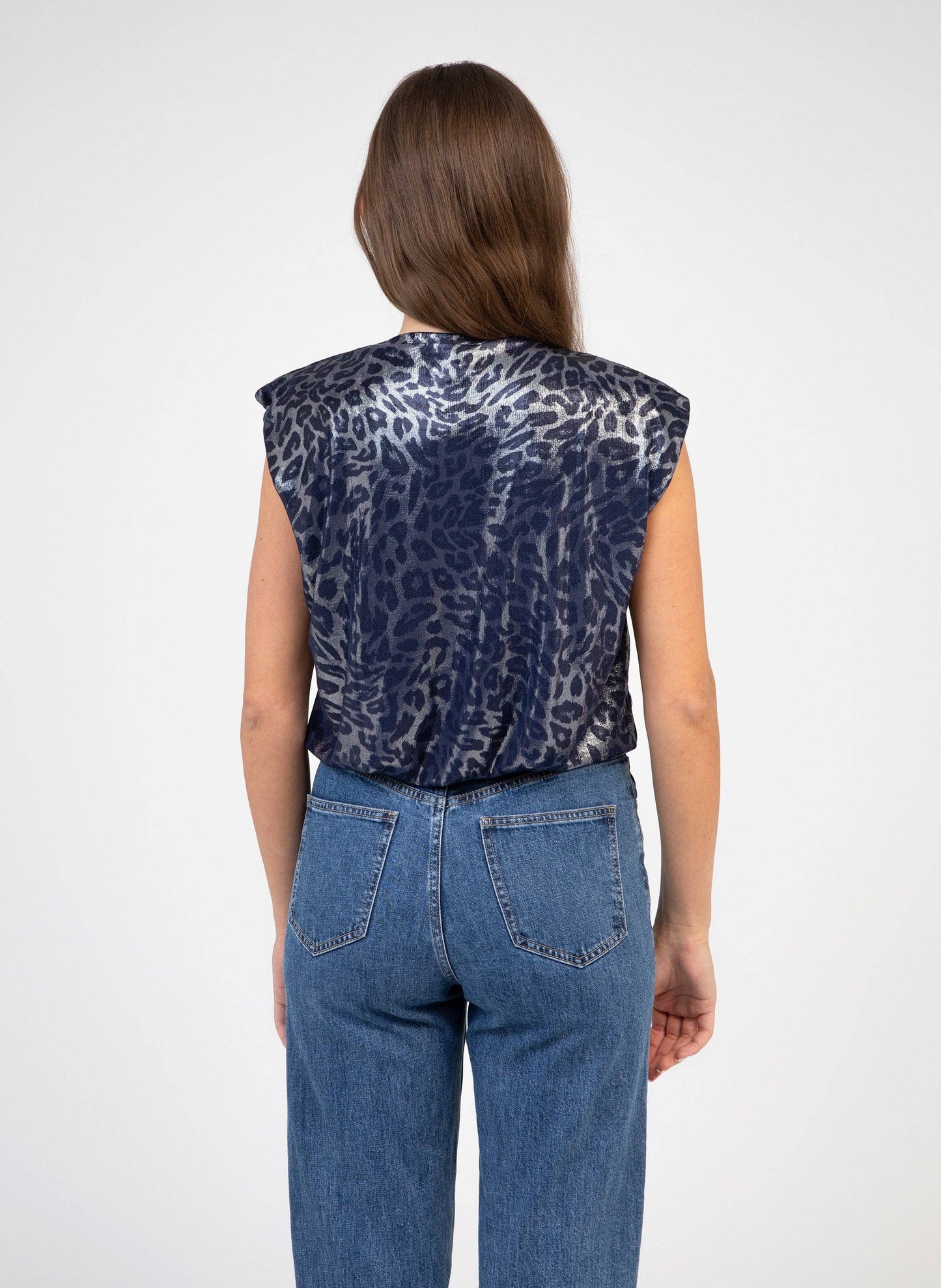 T-shirt smanicata animalier metallizzata blu navy