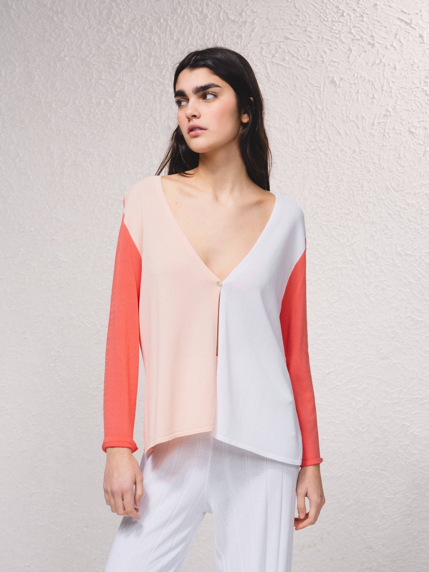 Giacca in maglia color block con scollo a V
