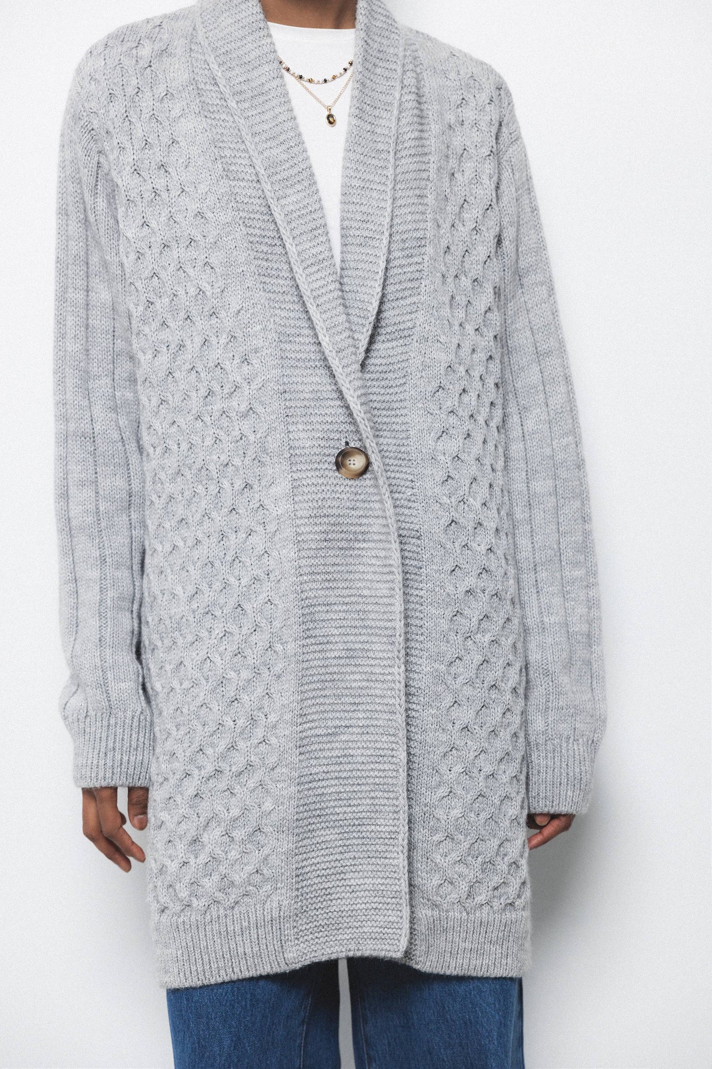 Cardigan lungo in maglia strutturata con collo a scialle