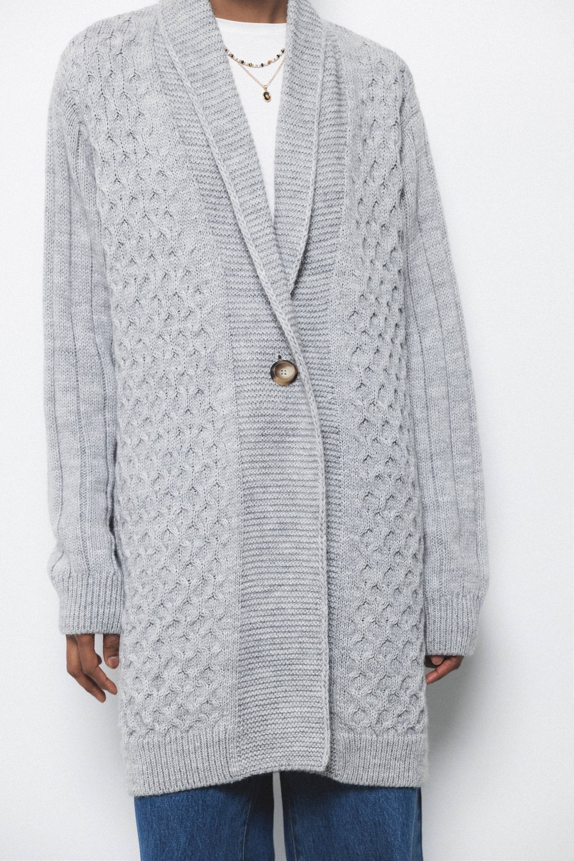 Cardigan lungo in maglia strutturata con collo a scialle