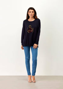 Maglione girocollo con ancora ricamata e paillettes