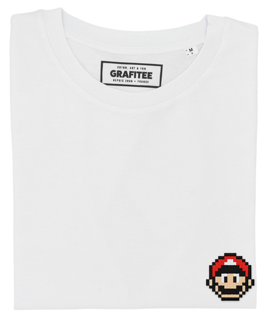 T-shirt bianca con ricamo pixel in cotone biologico