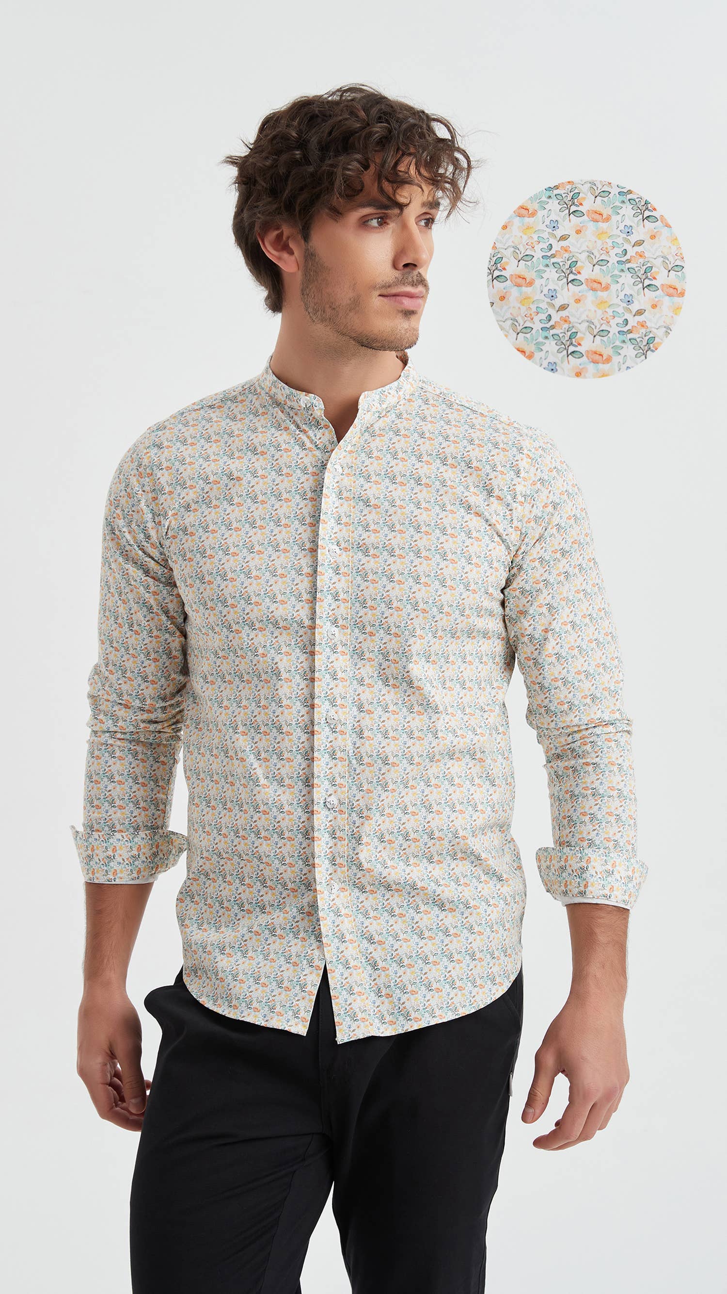 Camicia uomo premium con stampa floreale digitale e colletto alla coreana