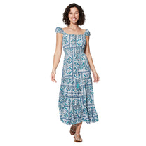 Abito lungo estivo boho con scollo bardot e vita elasticizzata