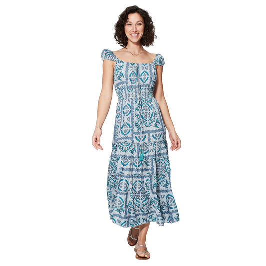 Abito lungo estivo boho con scollo bardot e vita elasticizzata