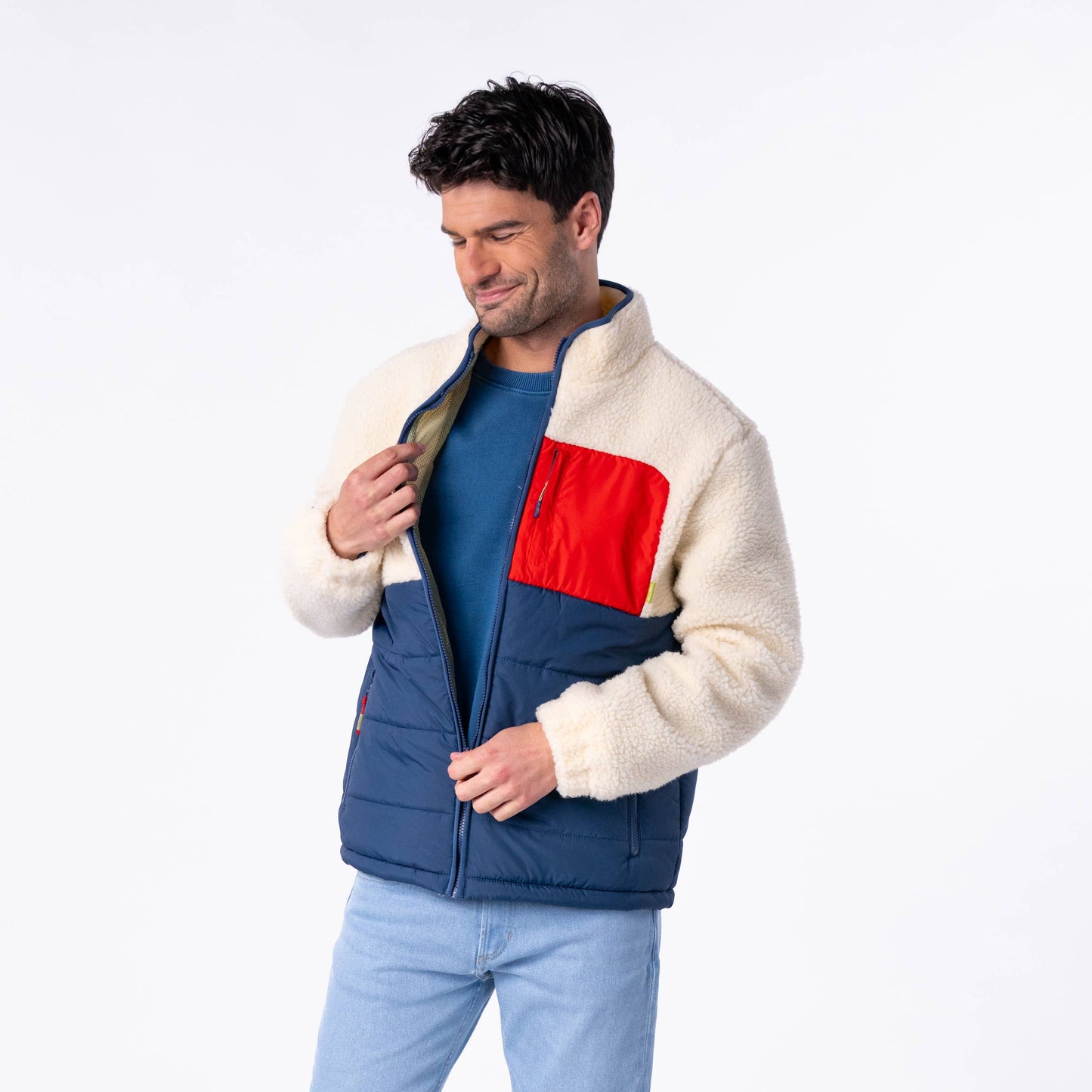 Giacca sherpa color block avorio e blu navy