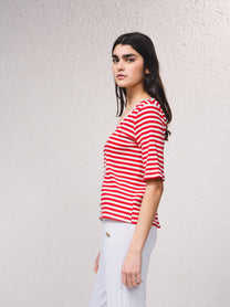Cardigan a righe con scollo a V e bottoni, manica corta