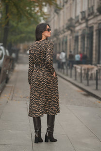 Abito midi animalier in viscosa con cintura