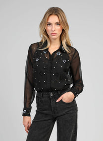 Camicia nera in organza con ricami gioiello