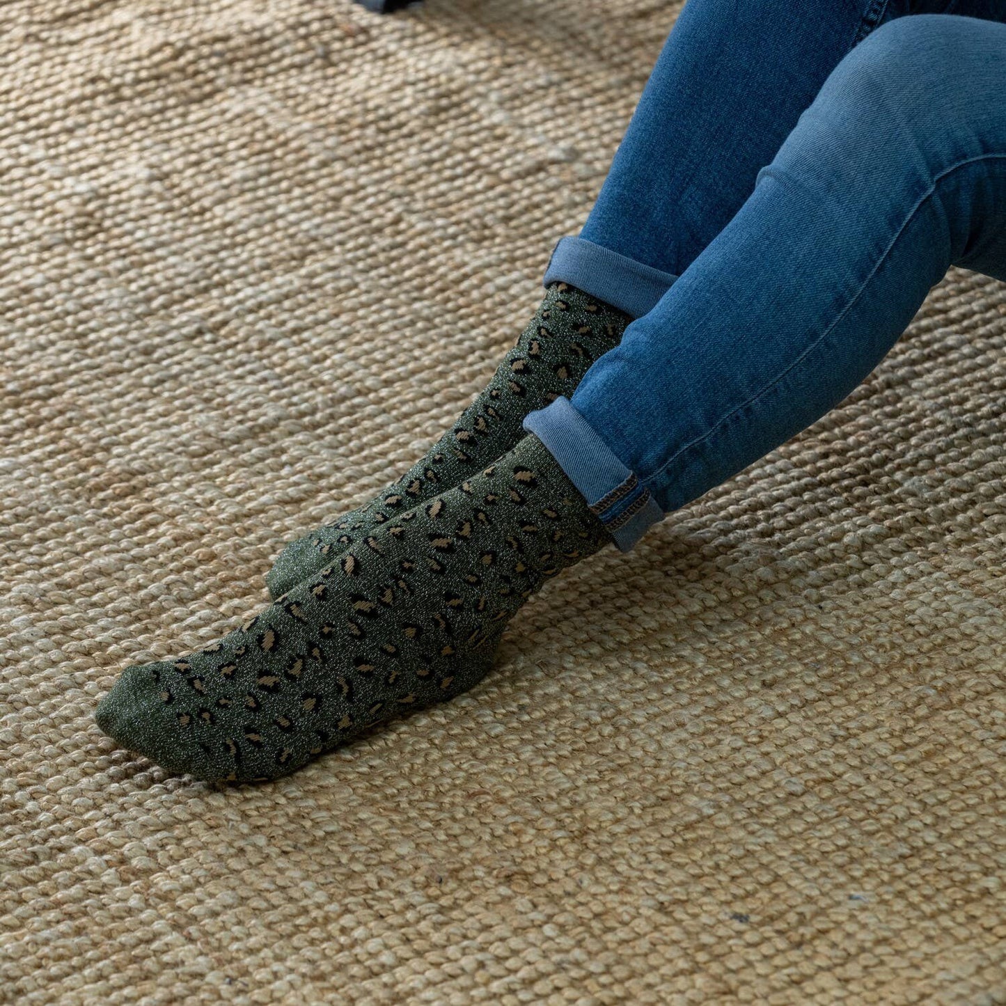 Calzini alla caviglia in cotone pettinato leopardati glitter khaki