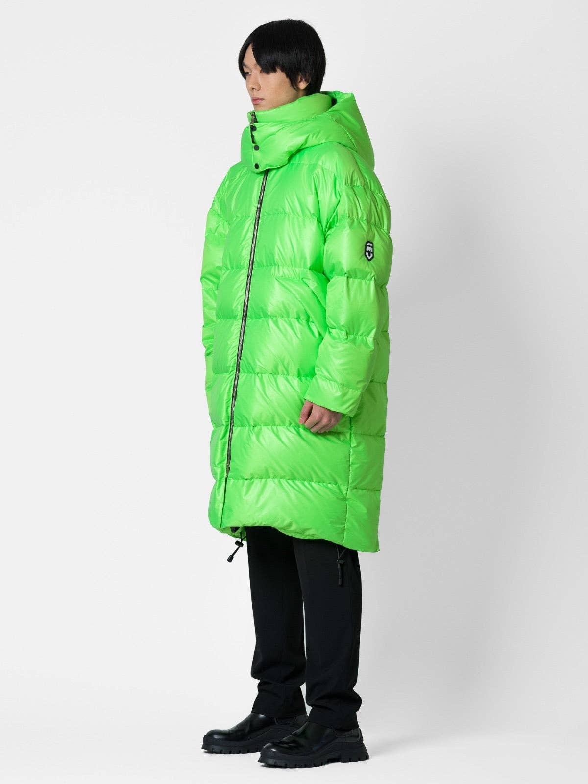 Parka lungo oversize verde fluo con cappuccio removibile