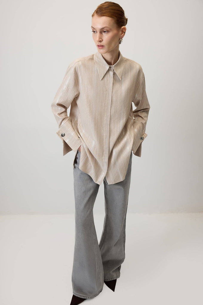 Camicia in viscosa a righe glitter crema