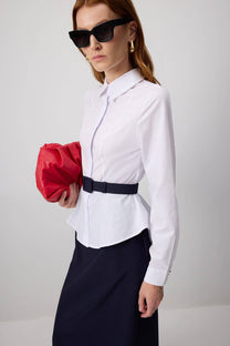 Abito camicia bicolore con cintura e peplo in misto cotone