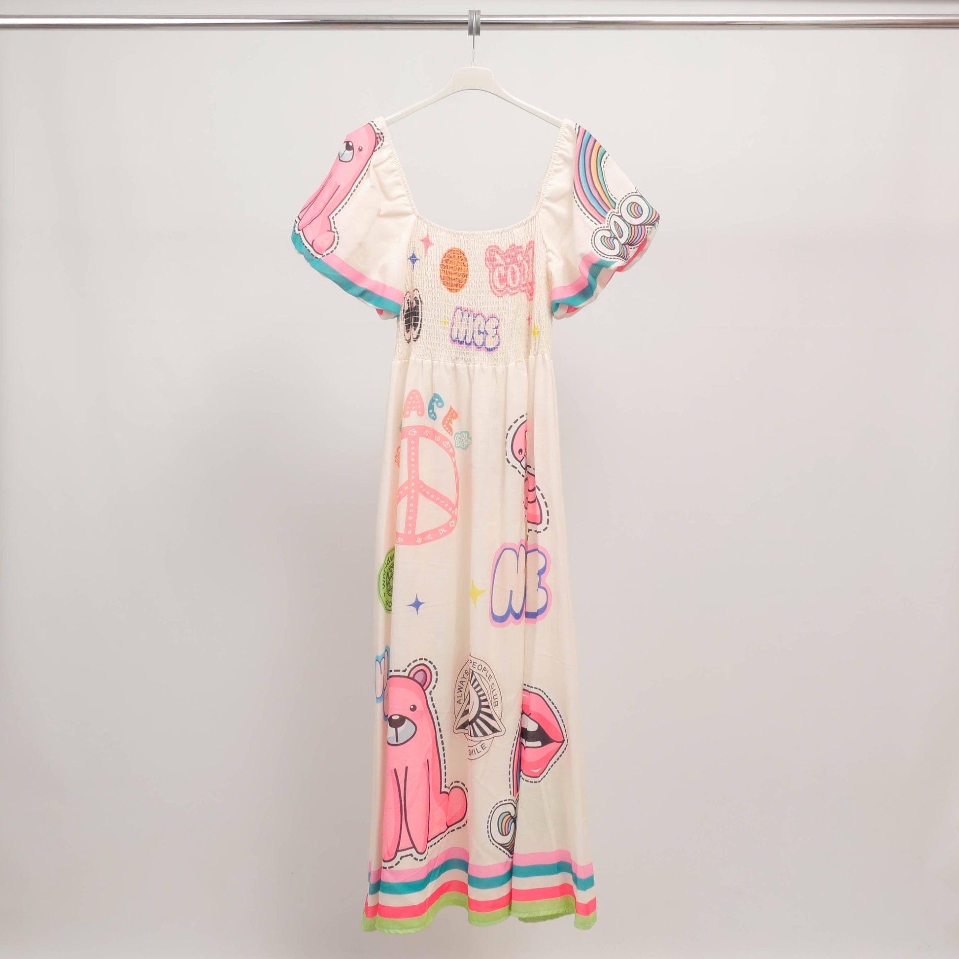 Abito lungo boho stampato con maniche a palloncino