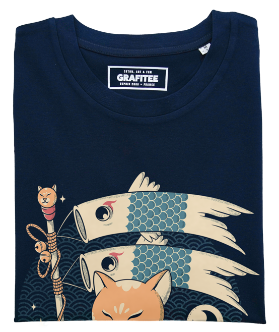 T-shirt unisex blu con stampa gatto giapponese