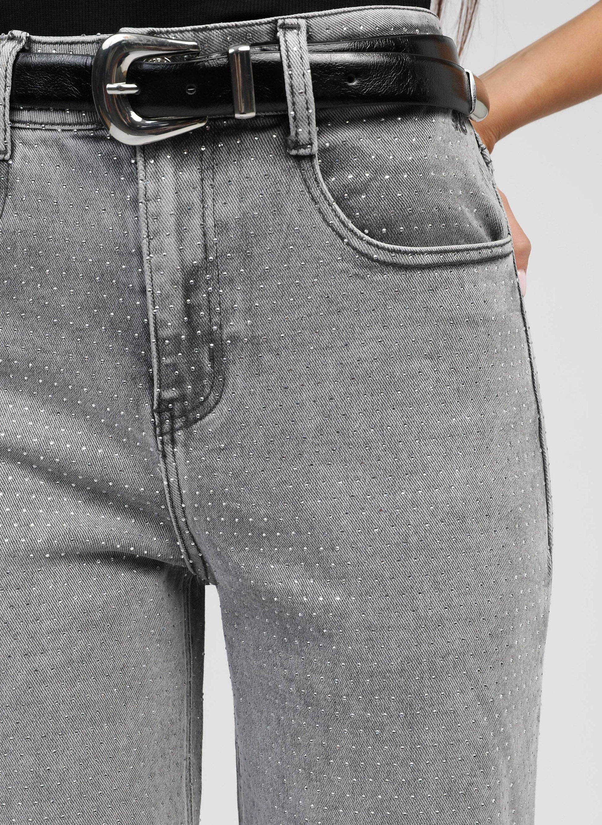 Jeans grigi con paillettes a vita alta