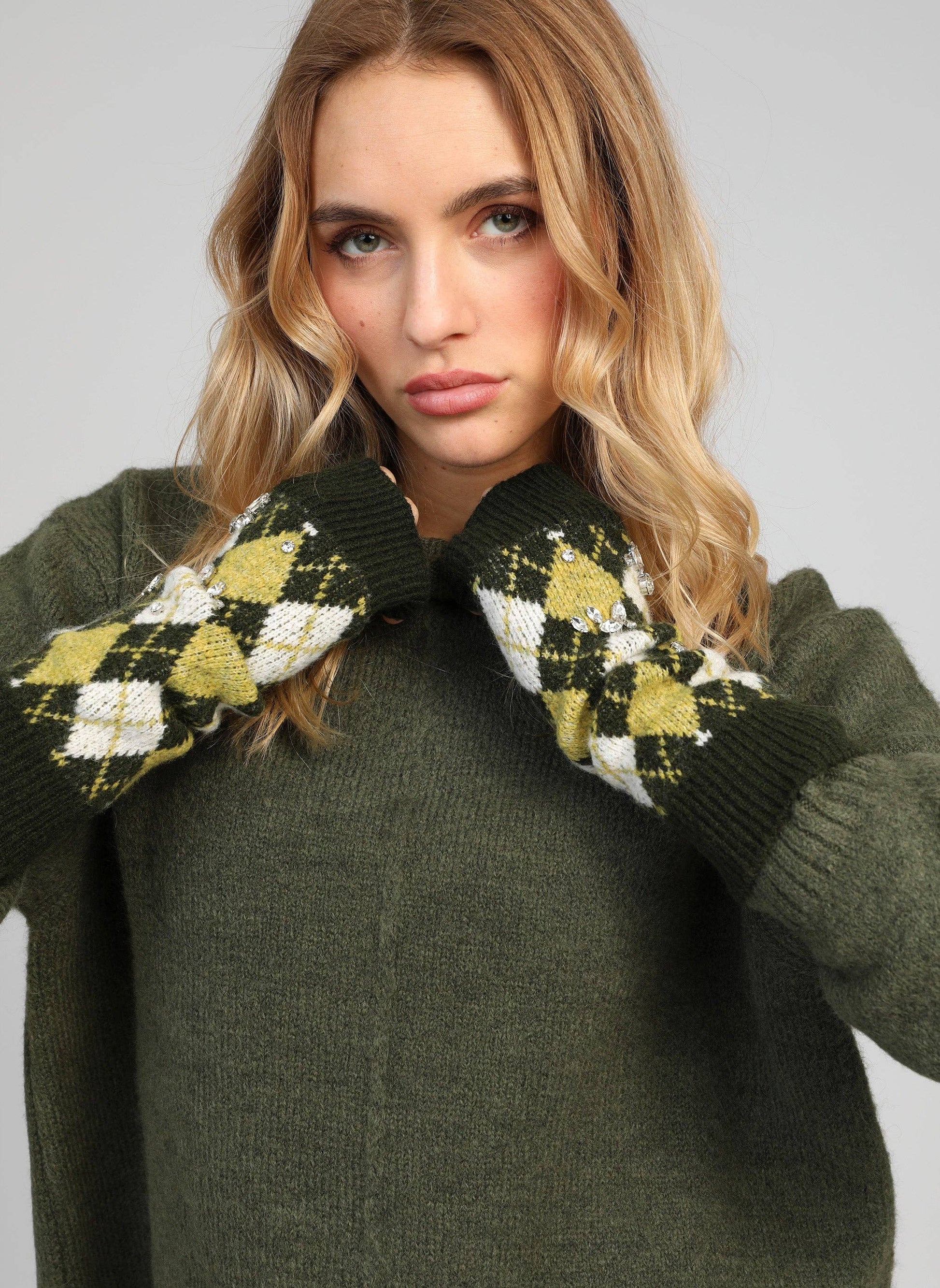 Guanti senza dita a rombi effetto militare con strass