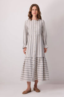 Abito camicia maxi in cotone a righe con polsini arricciati