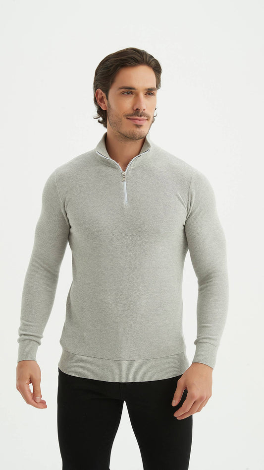 Maglione in cotone con collo alto e mezza zip grigio