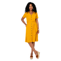 Abito estivo midi giallo in cotone e lino con cintura