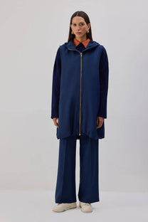 Gilet lungo con zip e cappuccio blu navy