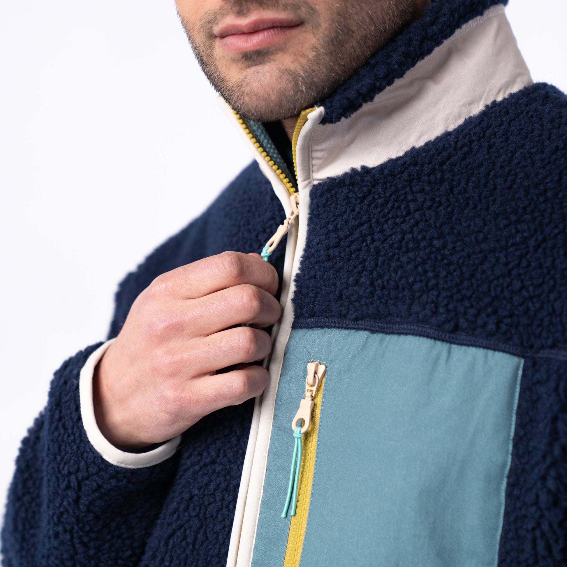 Giacca sherpa unisex con zip bicolore blu navy e verde