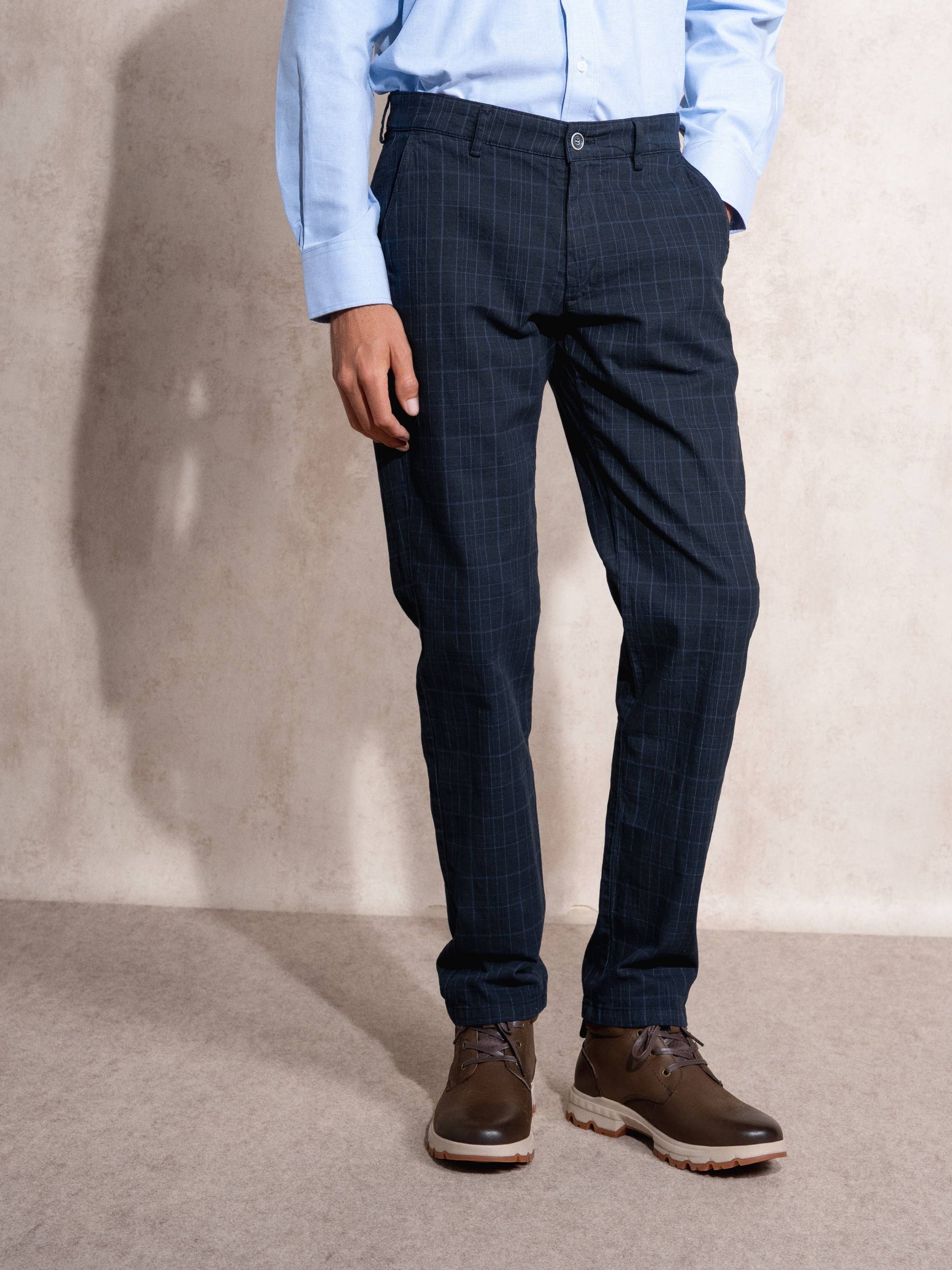 Pantaloni sartoriali a quadri in cotone blu navy