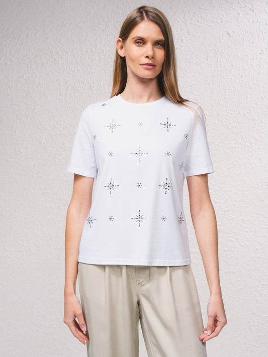 T-shirt bianca con applicazioni brillanti