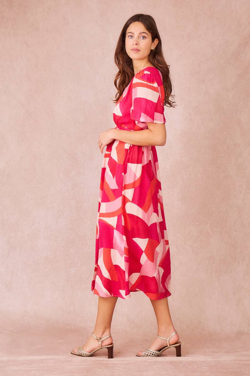 Vestito midi ELIAN con stampa astratta e scollo a V
