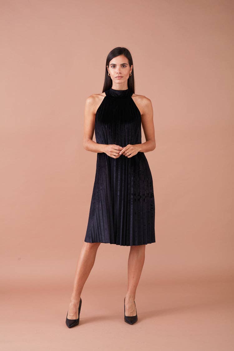 Abito midi in velluto plissé con collo halter