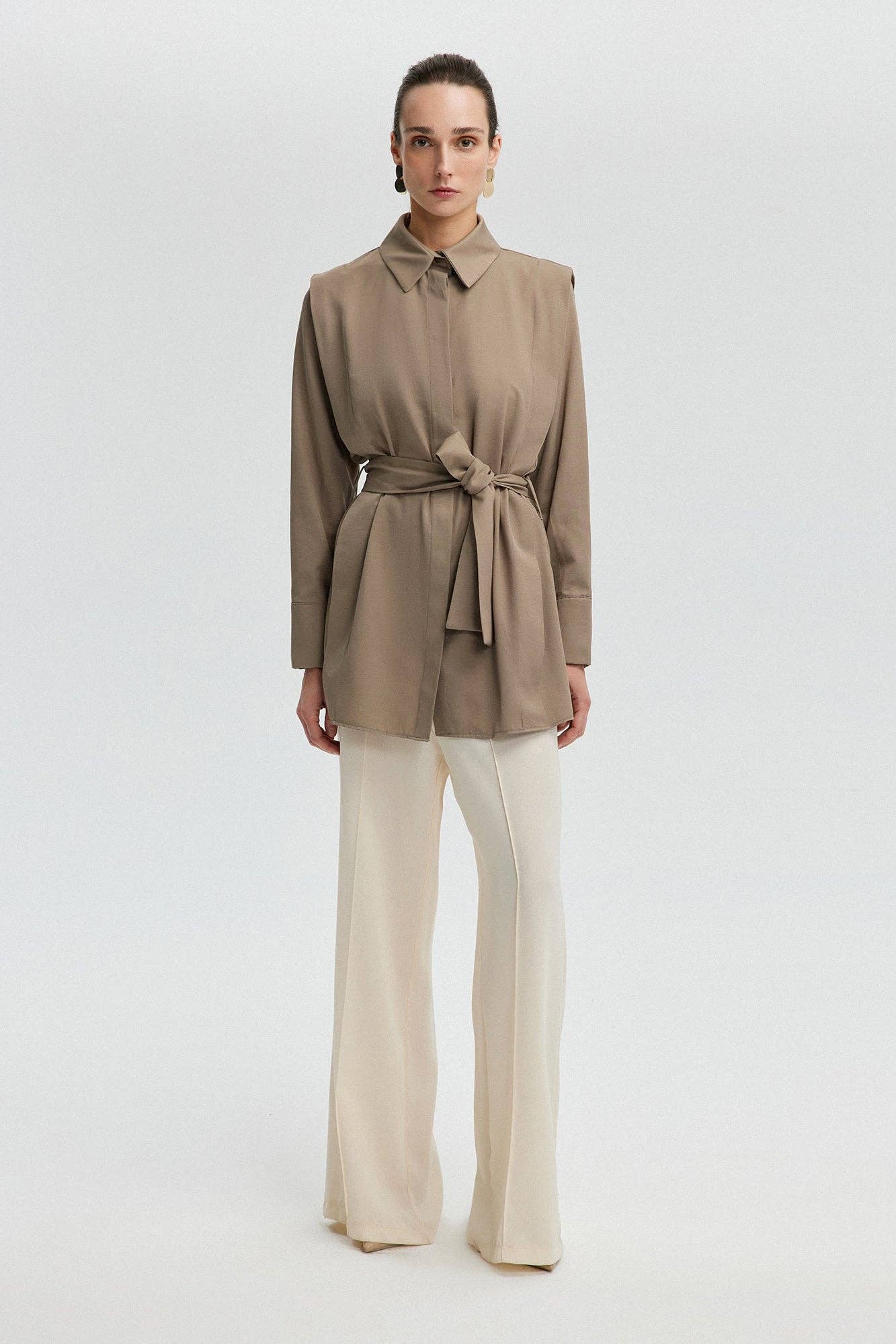 Camicia lunga in popeline con cintura
