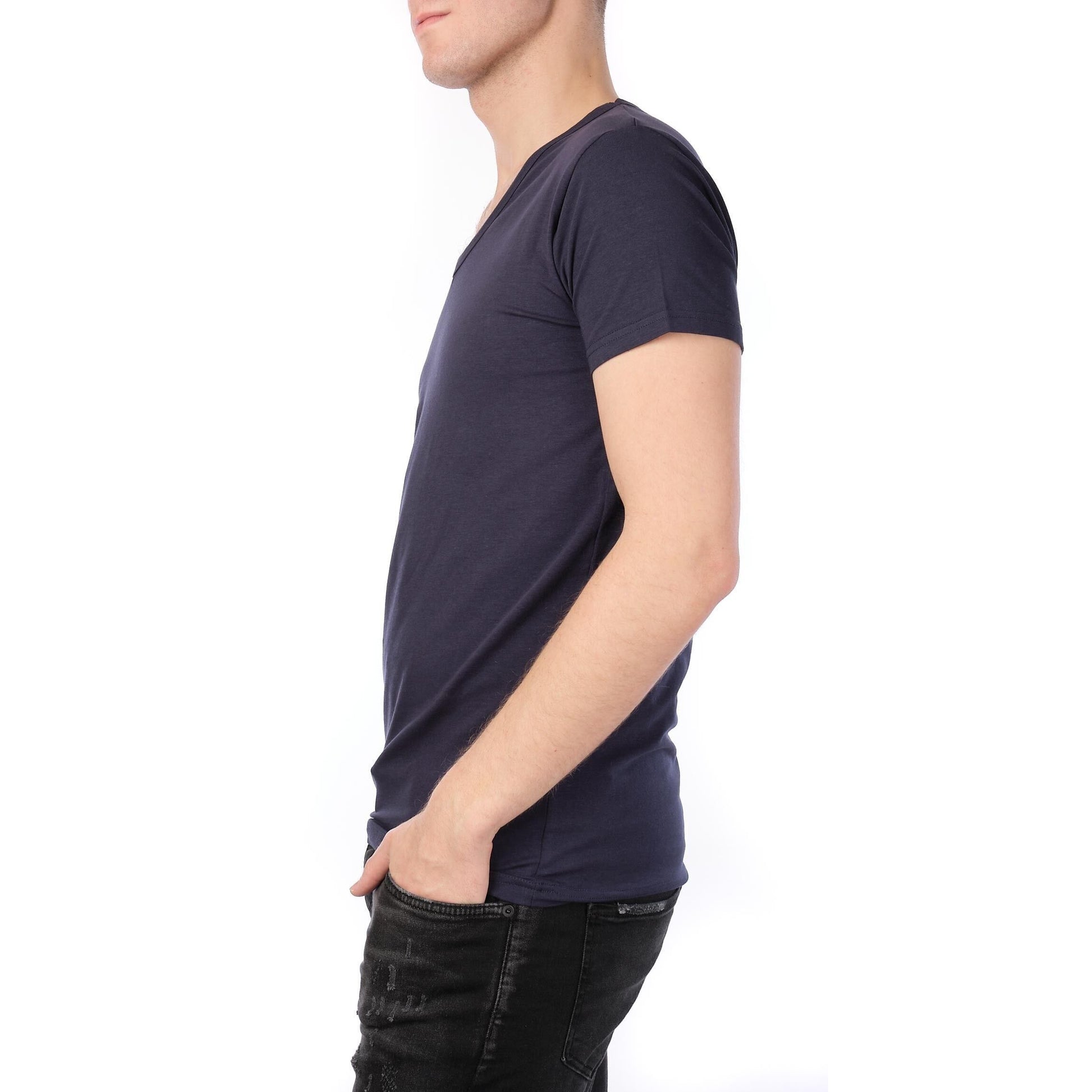 T-shirt Uomo Blu Navy Scollo a V in Cotone