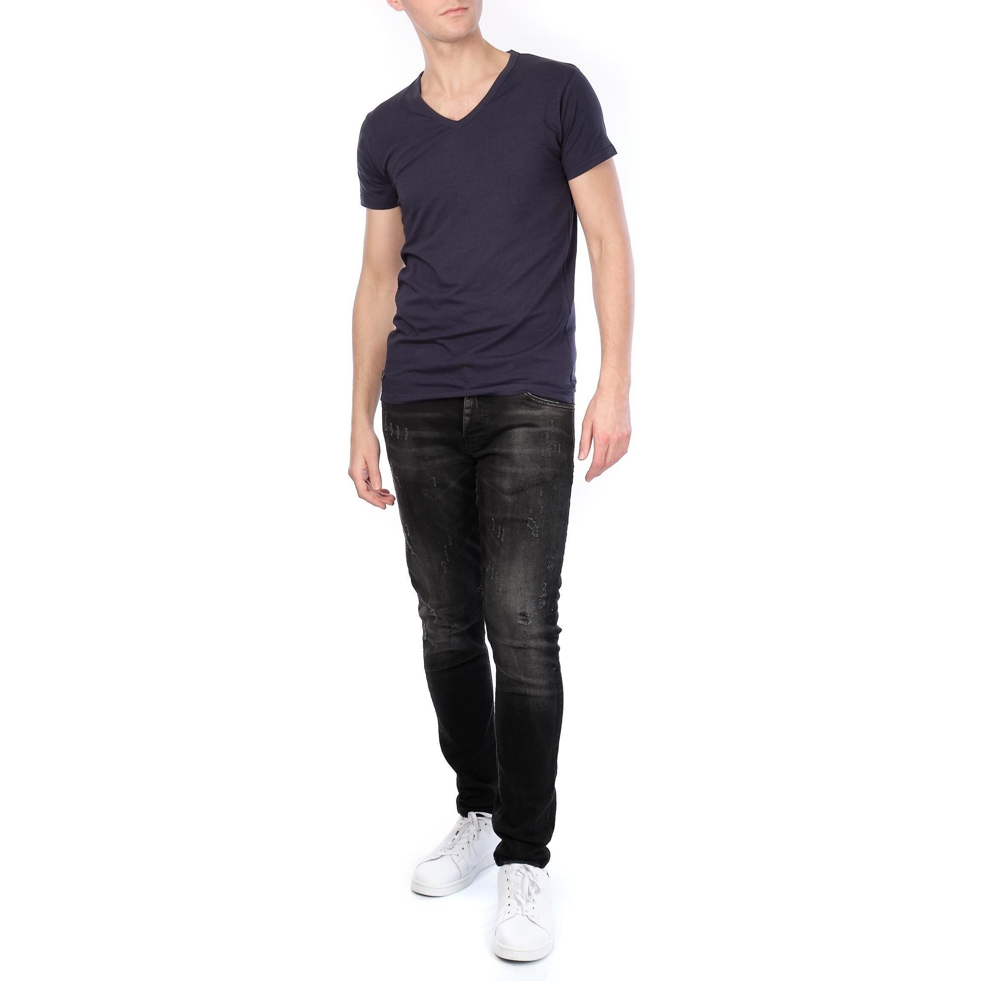 T-shirt Uomo Blu Navy Scollo a V in Cotone