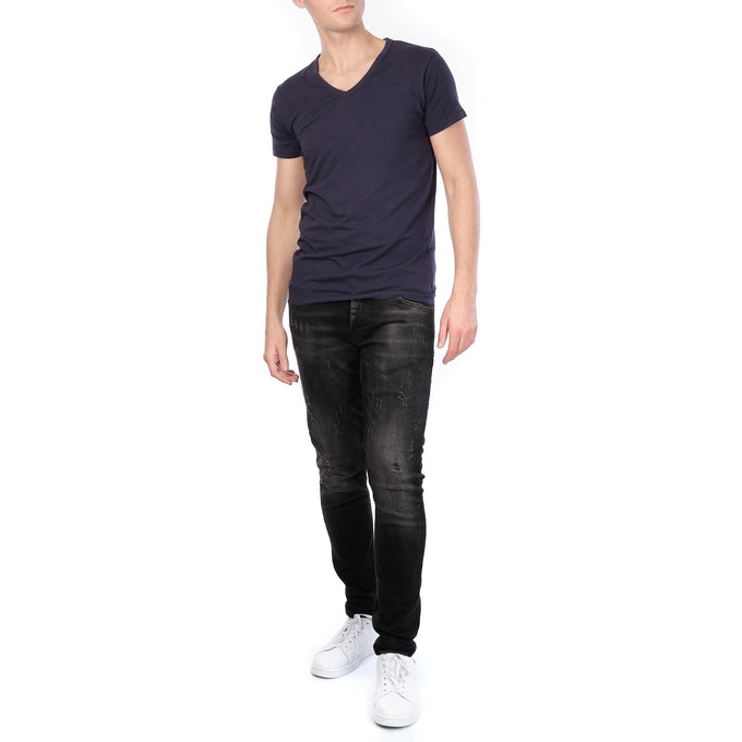 T-shirt Uomo Blu Navy Scollo a V in Cotone