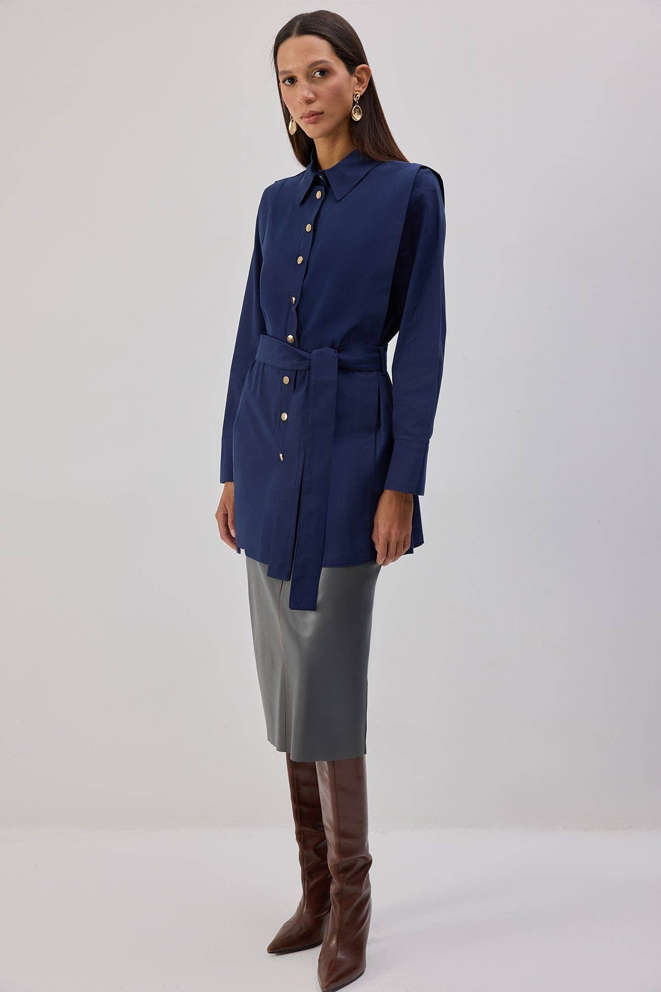 Camicia lunga in popeline con cintura