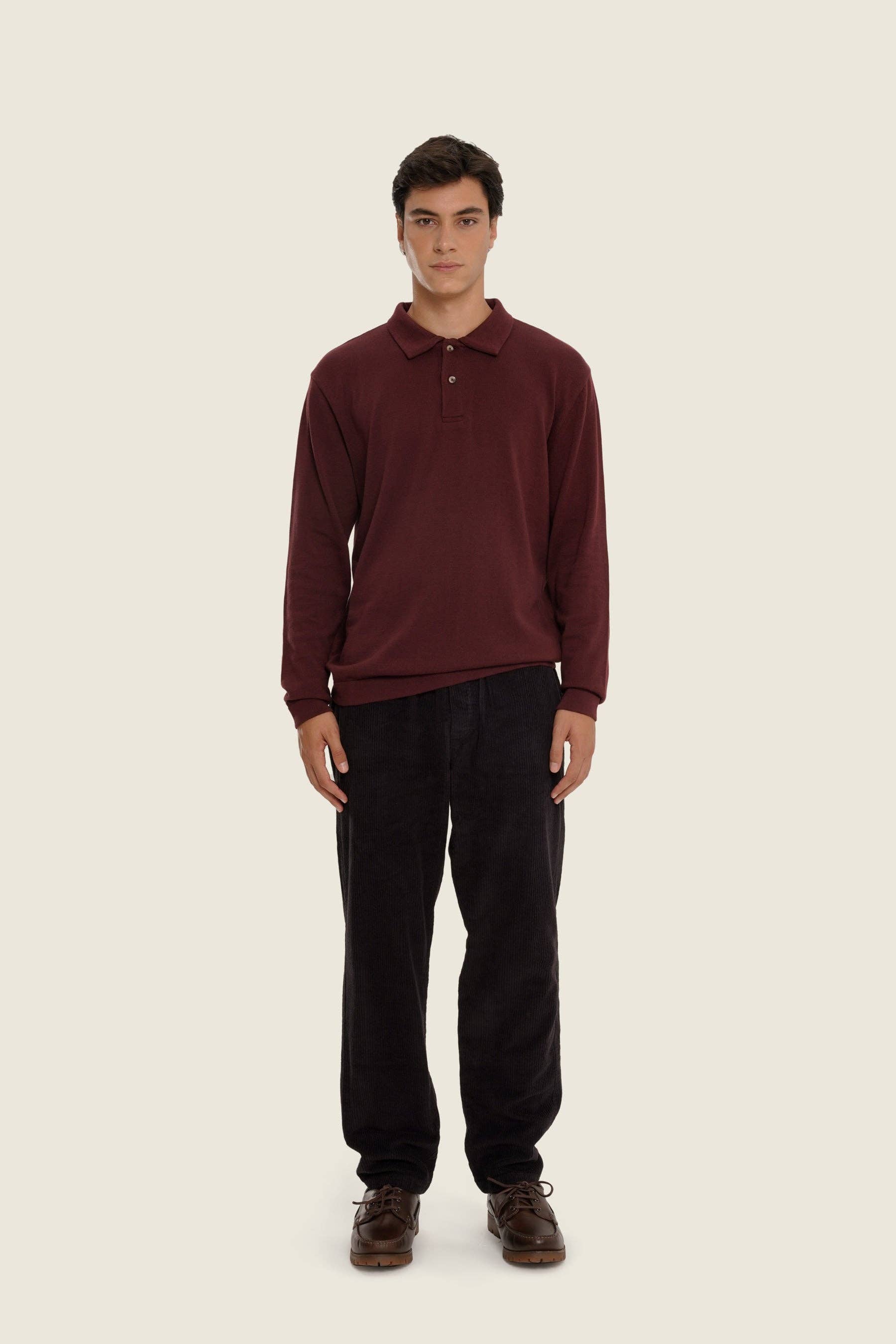 Maglione polo in cotone organico color cioccolato amaro