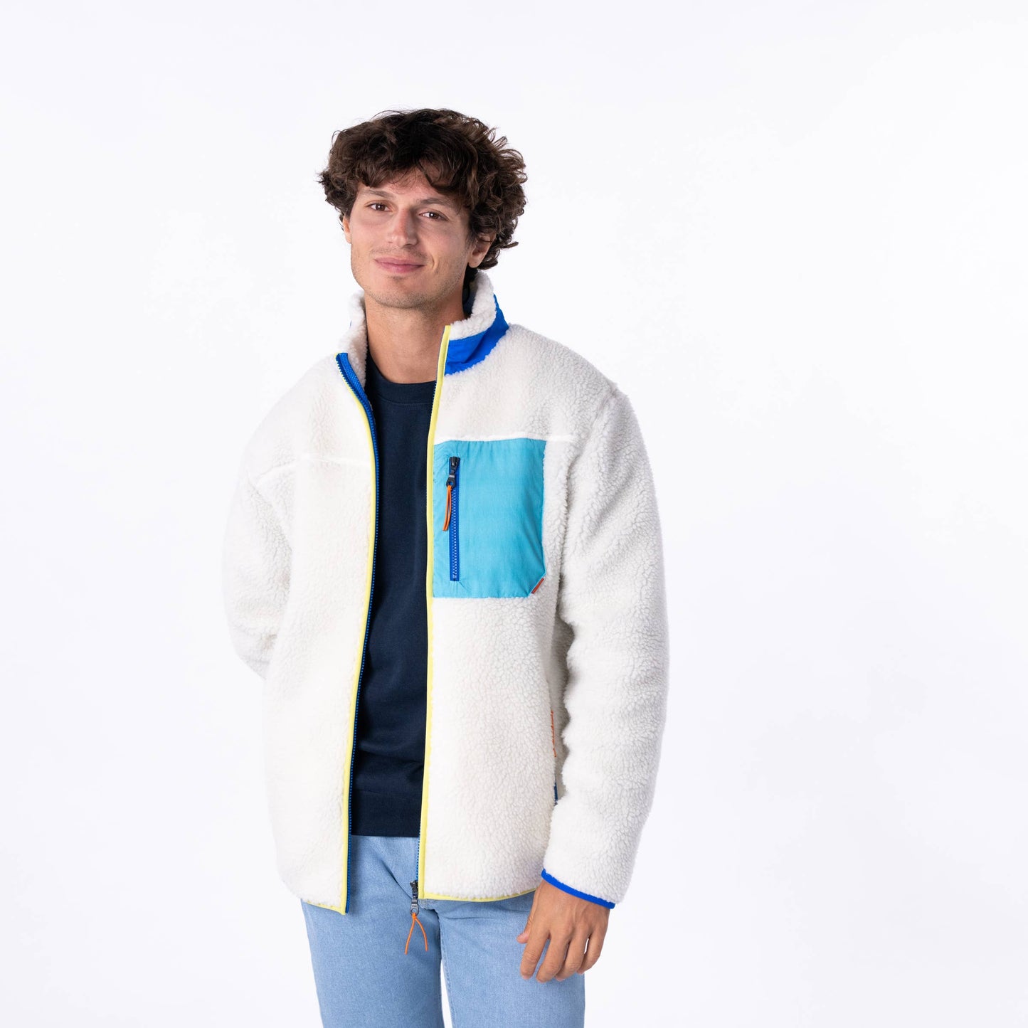 Giacca sherpa unisex con zip bicolore avorio e blu