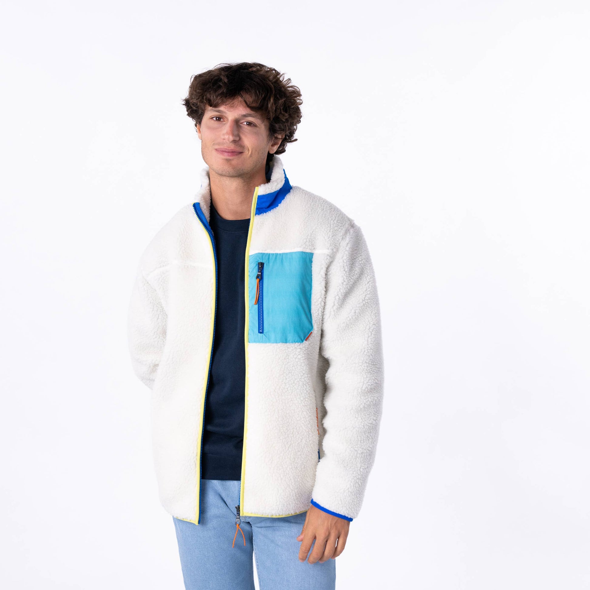 Giacca sherpa unisex con zip bicolore avorio e blu