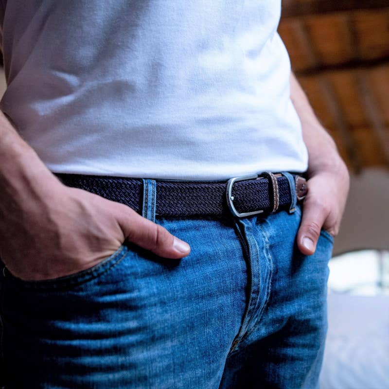 Cintura elastica intrecciata blu navy con fibbia in metallo