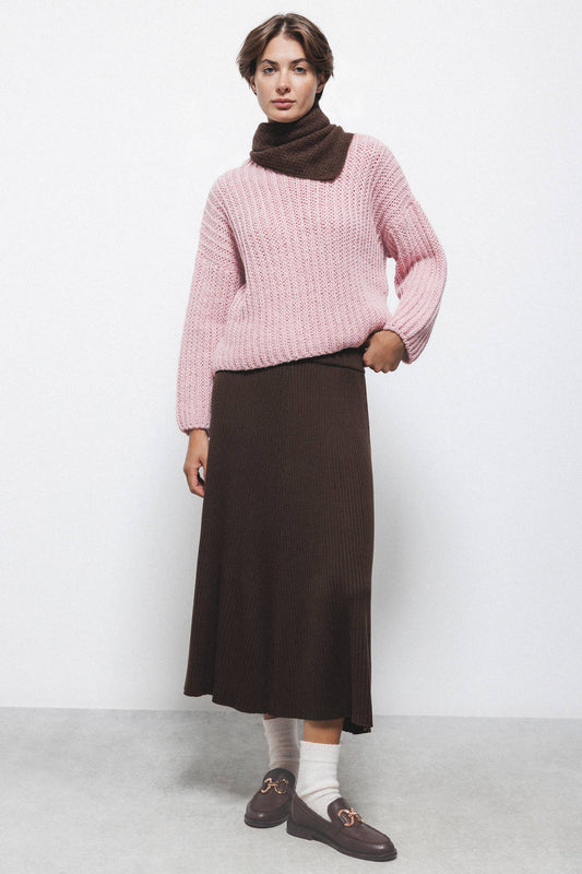 Gonna midi a maglia a coste con elastico in vita