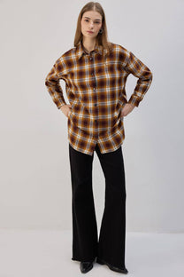 Camicia in tweed a quadri senape